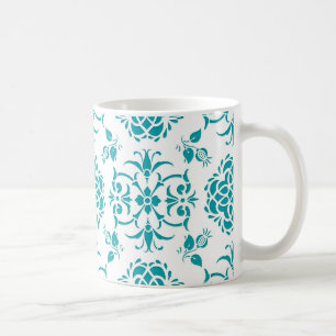 Aqua en wit bloemmotief damastpatroon koffiemok