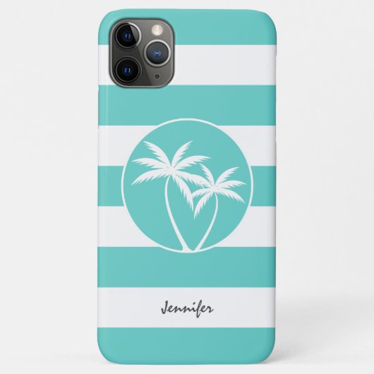 Aqua- en witte strepen en palmbomen met naam Case-Mate iPhone case (Achterkant)