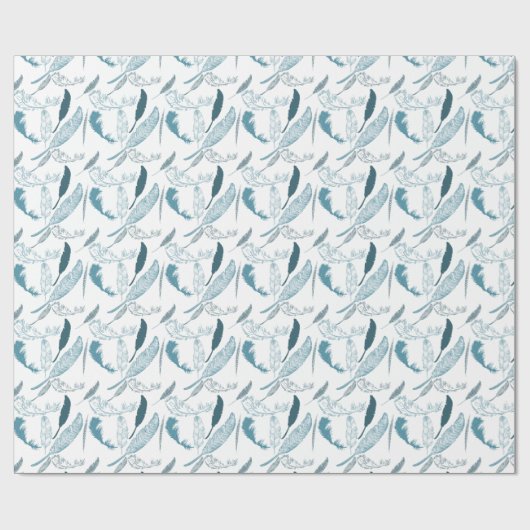 Aqua en Witte Veren Cadeaupapier (Vlak)