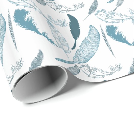 Aqua en Witte Veren Cadeaupapier (Rol Hoek)