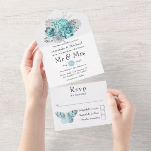 Aqua en zilver vintage shabby rozen bruiloft all in one uitnodiging