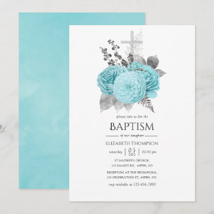 Aqua en zilveren vintage shabby rozen doopfeest kaart