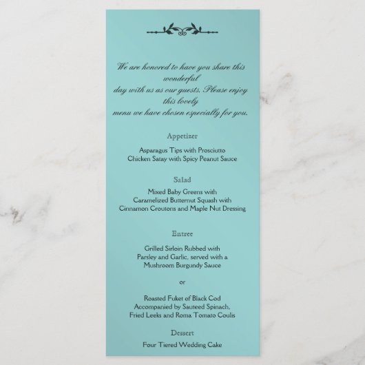 Aqua et Black Elegant Wedding Menu (Devant)