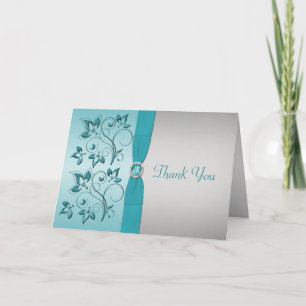 Aqua et Carte de remerciements Floral Argent