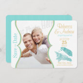 Aqua et Coquillages Dorés Save the Date (Devant / Derrière)