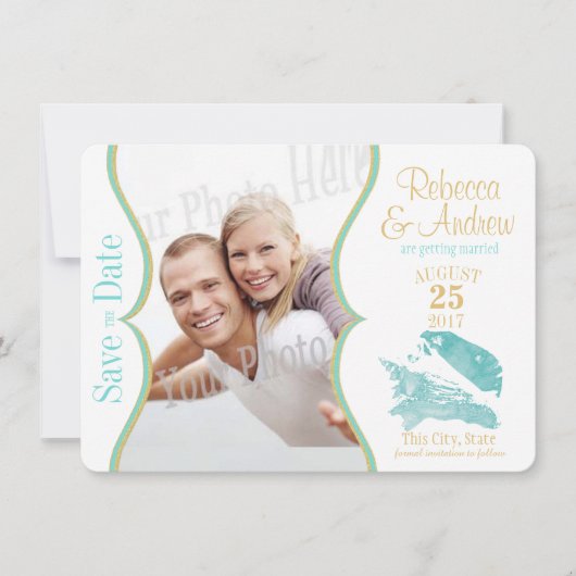 Aqua et coquilles d'or Save the Date (Devant)