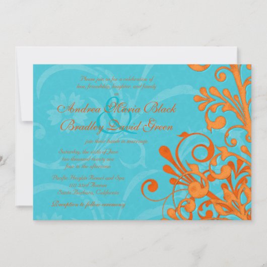 Aqua et Faire-part de mariage Floral Orange (Devant)