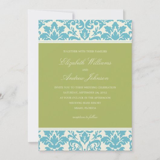 AQUA ET LIME DAMASK| FAIRE-PART DE MARIAGE (Devant)