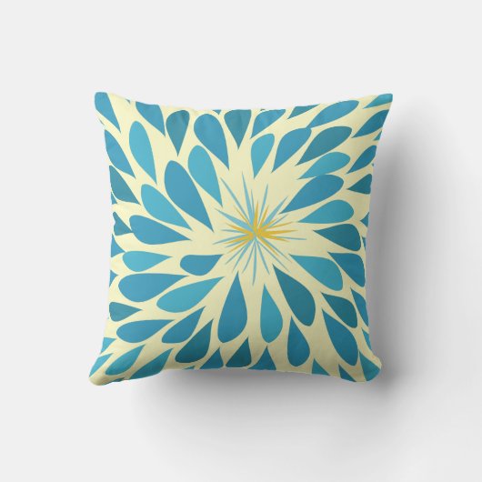 Aqua et Yellow Starburst Moderne Coussin de fleurs (Verso)