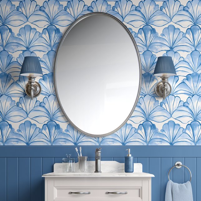 Aqua Fan Breeze - Blauw, Wit - Kust Behang (Watercolor Sea Fan Harmony Peel and Stick Wallpaper )
