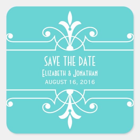 Aqua Fancy Ornamental Save the Date Stickers (Devant)