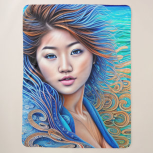 Aqua Fantasy Woman Blue Wave Abstract Art Sherpa Deken