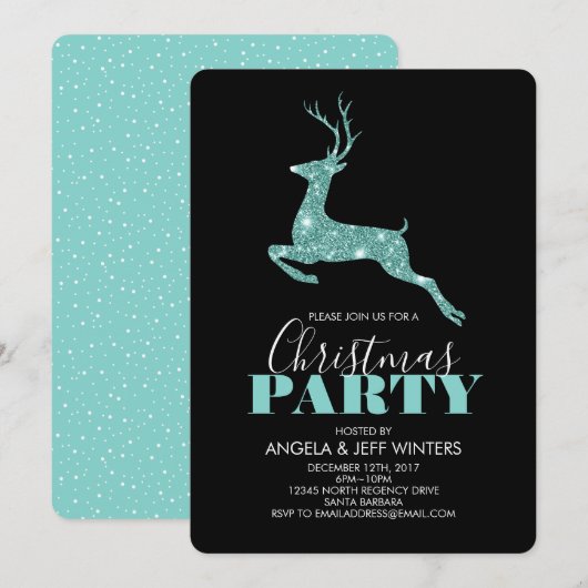 Aqua Faux Glitter Deer Kerstparty Kaart (Voorkant / Achterkant)
