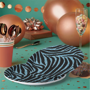 Aqua Faux Glitter Zebra Print Papieren Bordje