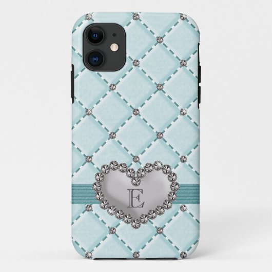Aqua Faux Quilted Rhinestone Heart Case-Mate iPhone Case (Achterkant)