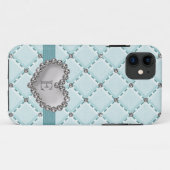 Aqua Faux Quilted Rhinestone Heart Case-Mate iPhone Case (Achterkant (horizontaal))
