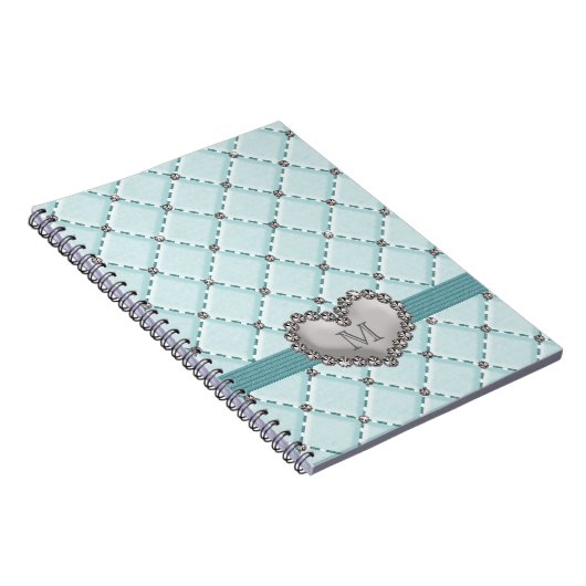 Aqua Faux Quilted Rhinestone Heart Spiral notebook Notitieboek (Rechterzijde)