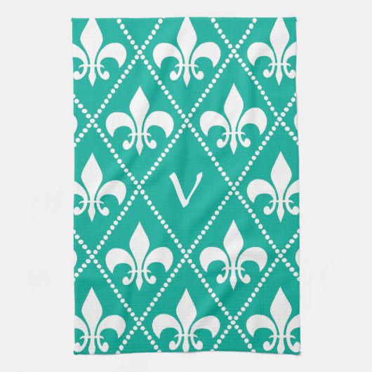 Aqua Fleur de Lis met monogram initiaal Theedoek (Verticaal)
