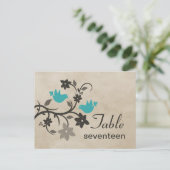 Aqua Floral Lovebird Table Number Briefkaart (Staand voorkant)