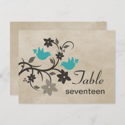 Aqua Floral Lovebird Table Number Briefkaart (Voorkant / Achterkant)