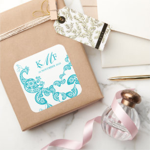 Aqua Floral Paisley White Peacock Wedding Favor Vierkante Sticker
