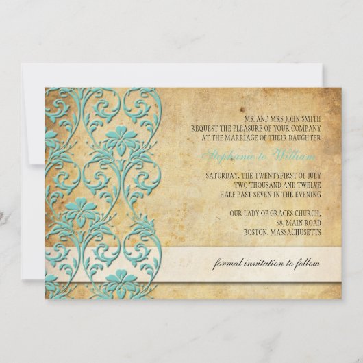 Aqua  Floral Swirl Wedding Uitnodiging (Voorkant)