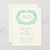 Aqua foliage lijst initialen bruiloft Opslaan Datu Aankondigingskaart (Voorkant / Achterkant)