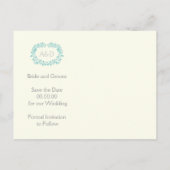 Aqua foliage lijst initialen bruiloft Opslaan Datu Aankondigingskaart (Achterkant)