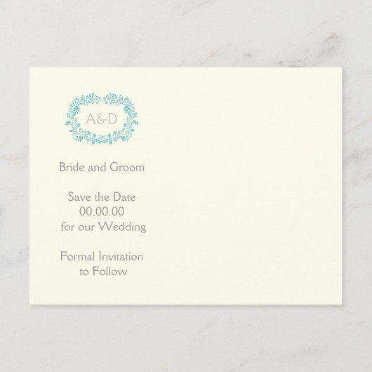Aqua foliage lijst initialen bruiloft Opslaan Datu Aankondigingskaart (Achterkant)