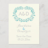 Aqua foliage lijst initialen bruiloft Opslaan Datu Aankondigingskaart (Voorkant)