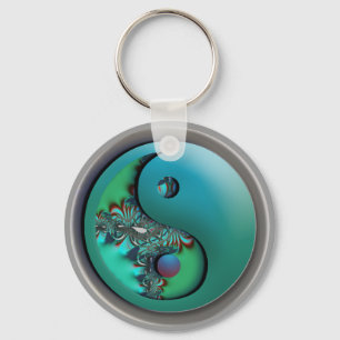 Aqua Fractal Silver Yin Yang Sleutelhanger