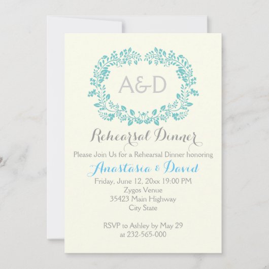 Aqua gebladerte initialen bruiloft repetitie diner kaart (Voorkant)
