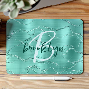 Aqua Geborsteld Metaal Glitter Schrift Monogram Muismat