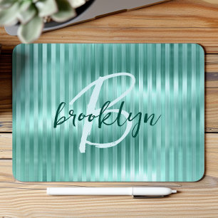 Aqua Geborsteld Metaal Strepen Script Monogram Muismat