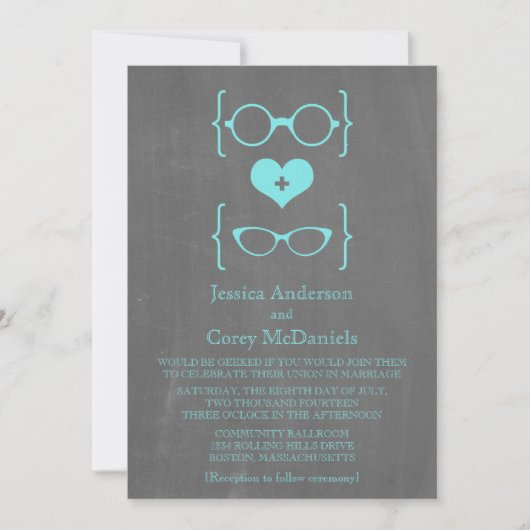 Aqua Geeky Glasses Chalkboard Wedding Invite Kaart (Voorkant)