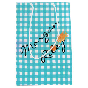 Aqua gingham en bloemen medium cadeauzakje