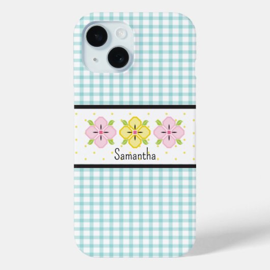 Aqua Gingham Plaid Floral Monogram Case-Mate iPhone Case (Achterkant)