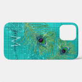 Aqua Girly Gold Glitter Peacock Monogram Case-Mate iPhone Case (Achterkant (horizontaal))