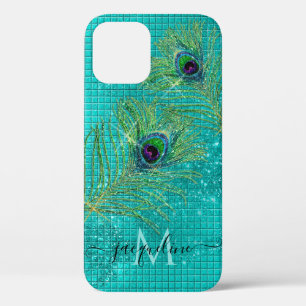 Aqua Girly Gold Glitter Peacock Monogram iPhone 12 Hoesje