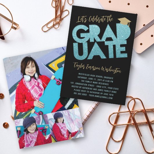 Aqua Glitter Afstuderen Cutout Graduation Party Kaart