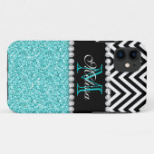 AQUA GLITTER BLACK CHEVRON MONOGRAMMED Case-Mate iPhone CASE (Achterkant (horizontaal))