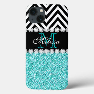 AQUA GLITTER BLACK CHEVRON MONOGRAMMED iPhone 13 HOESJE