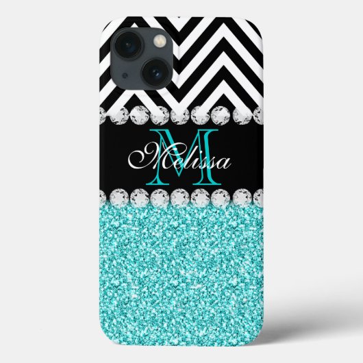 AQUA GLITTER BLACK CHEVRON MONOGRAMMED Case-Mate iPhone CASE (Achterkant)