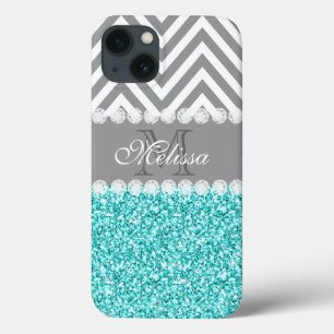 AQUA GLITTER, GRAY CHEVRON, MONOGRAMMER iPhone 13 HOESJE