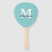 Aqua Glitter Monogram Hand Fan Handwaaier (Voorkant)
