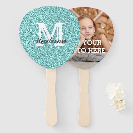 Aqua Glitter Monogram Hand Fan Handwaaier (Voorkant en achterkant)