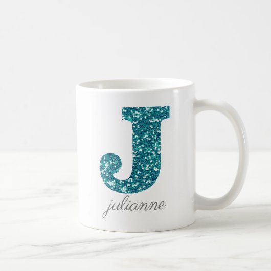 Aqua Glitter Pattern Letter J name Mok (Rechts)