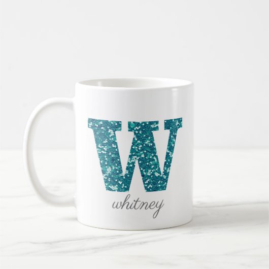 Aqua Glitter Pattern Letter W name Mok (Links)