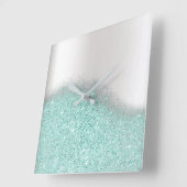 Aqua Glitter Silver Grey Minimal Metallic Vierkante Klok (Hoek)