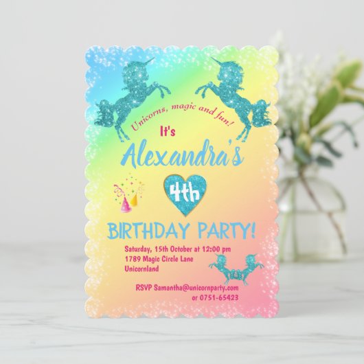 Aqua Glitter Unicorns Birthday Kaart (Staand voorkant)